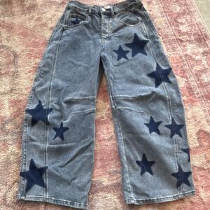 Blue Velvet Women's Wide-Leg Barrel Jeans Blue Denim Star Print Stretch 5-Pocket